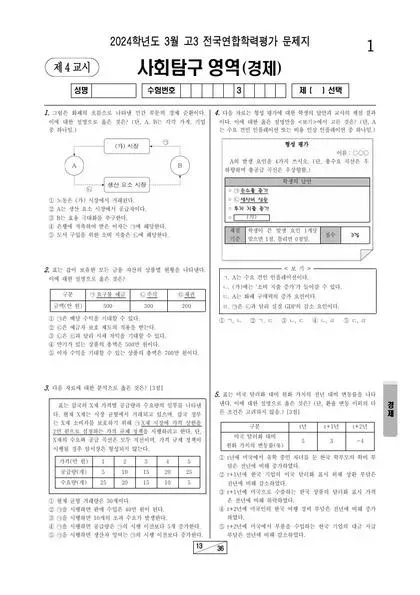 2024년 3월 고3 사회탐구 경제